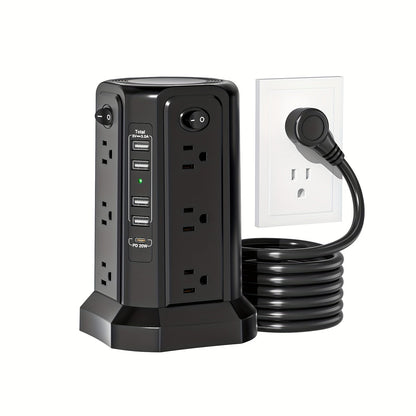 PD18W USB-C Power Strip Tower 21-in-1, 16 AC Outlets & 5 USB Ports, 1500J Surge Protector, Angled Flat Plug