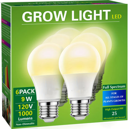 Grow Light Bulb A19 E26 Full Spectrum 9W 100W Equivalent | Natural White 4000K LED Plant Bulb for Indoor Plants Seed Starting | 2 4 6 12