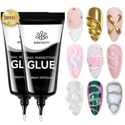 Rhinestone Glue Gel 2pcs Strong Bond 1.01oz Each – Professional Nail Charm Adhesive for 3D Gems, Crystals & Bling Decorations
