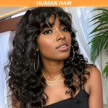 Remy Human Hair Water Wave Wig with Bangs Glueless Full Machine Made Rose Net Cap, for Home, Travel and Salon Hair Styling