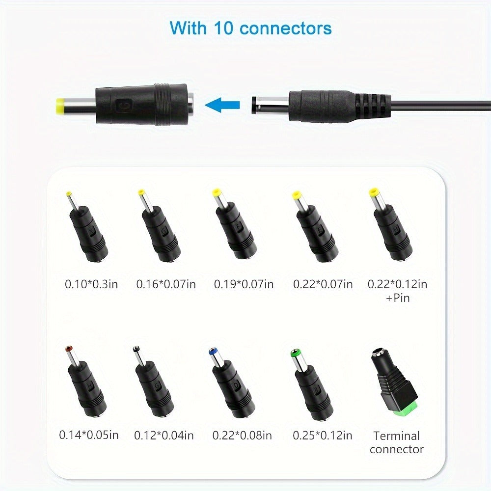 Fixed 12V 3A AC/DC Power Adapter with 36W Label, US Plug and Ten Interchangeable Connector Tips