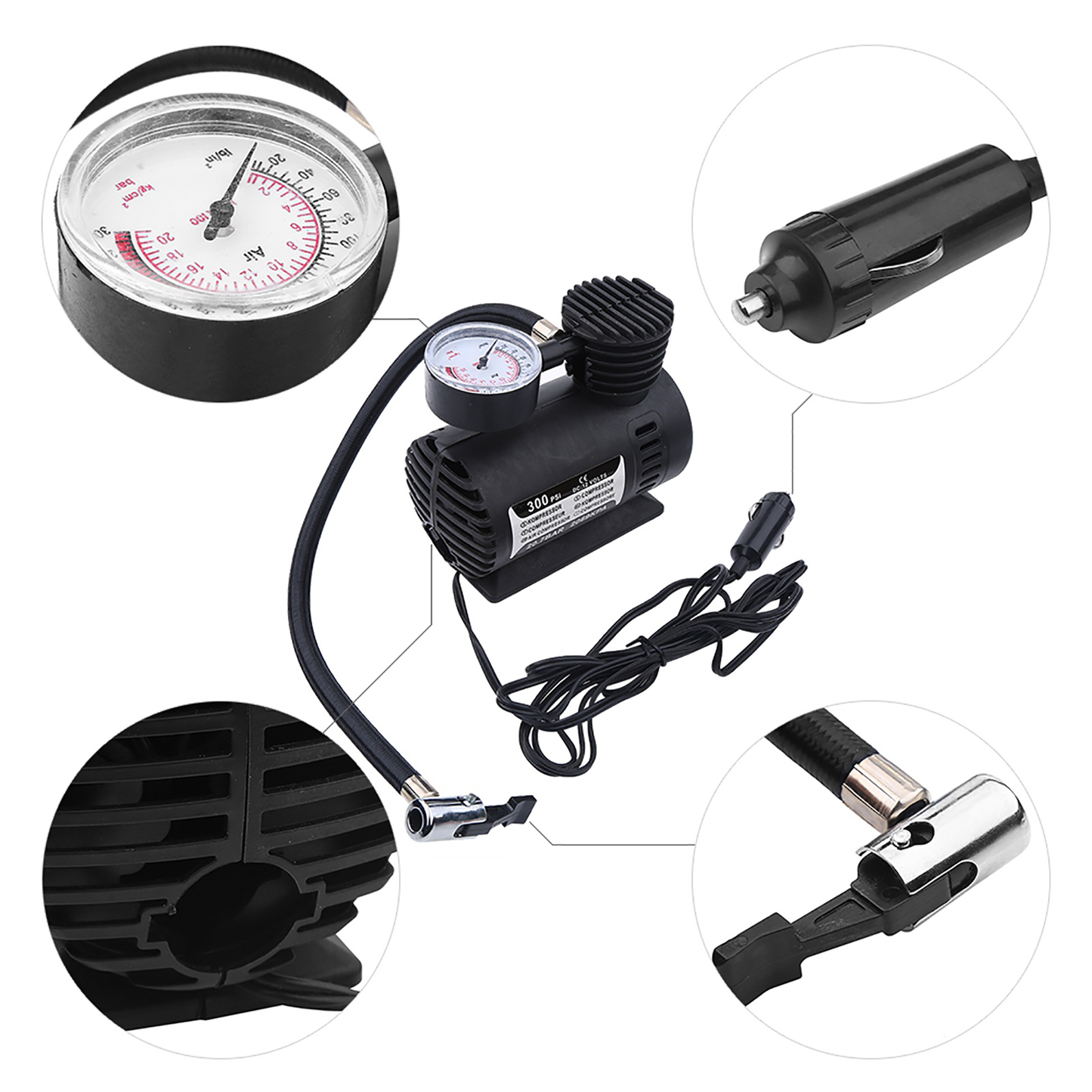 Portable Mini Air Compressor 12V 300PSI – Multi-Use Inflator Pump for Car Tires, Bikes, Balls & Inflatables