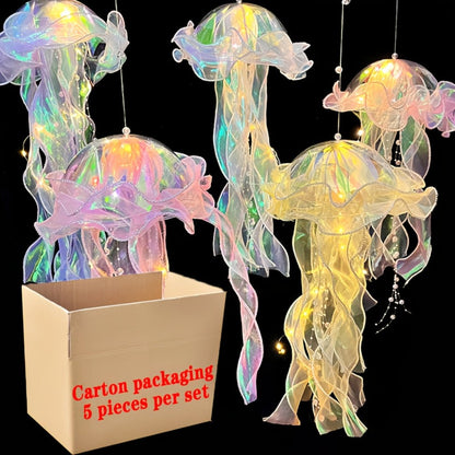 Five-Piece Illuminated Jellyfish Hanging Decoration Set with Translucent Crystal-Style Ribbons