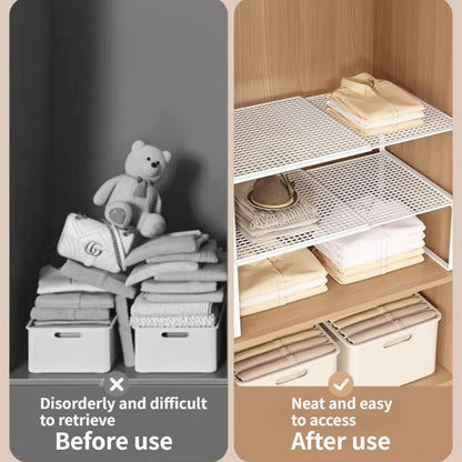 Expandable Cabinet Shelf Organizer, Metal Height-Adjustable Wardrobe Shelf Divider, Vertical Space-Saving Storage Rack for Kitchen