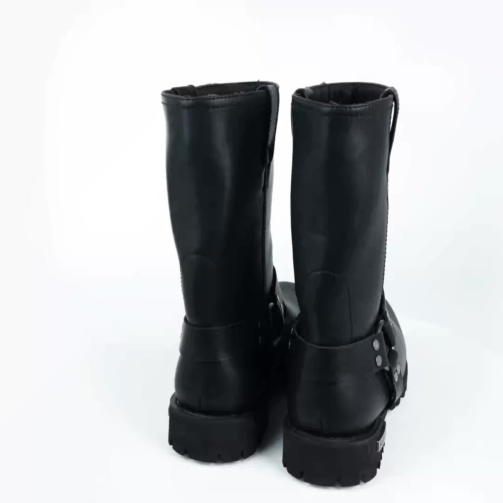 Men's Motorcycle Boots 11" Harness – PU Leather Non-Slip Square Toe Mid-Calf Biker Boots, Abrasion Resistant All-Season Riding Boots
