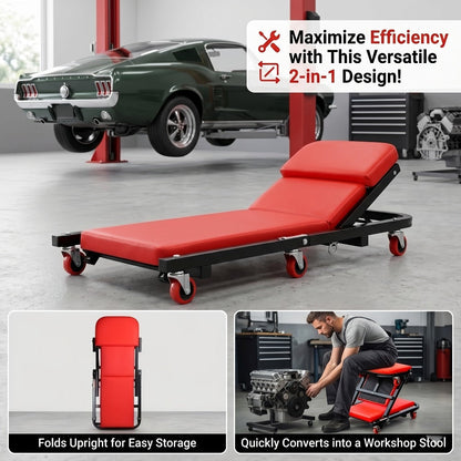 Mechanic Creeper Crawler Seat 36" Z-Type Folding with 6 Swivel Wheels & Adjustable Load Plate – Garage Repair Crawling Board