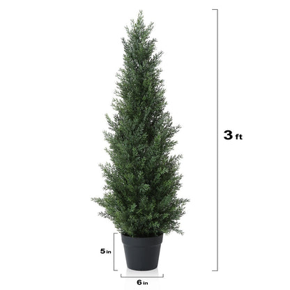 Artificial Cedar Topiary Tree with 3, 4 or 5 ft Height Options, Black Pot and Single or Two-Tree Sets