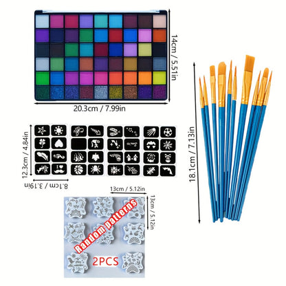 54 Color Face & Body Paint Kit with UV Fluorescent, Matte & Glitter Shades, Pattern Templates, Brushes &