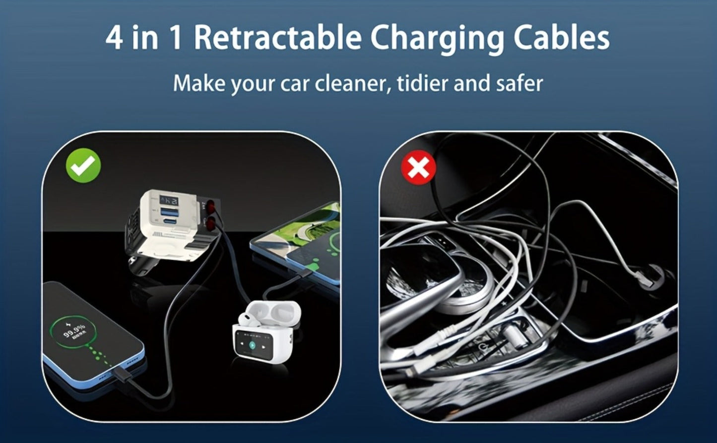 Dual Retractable Cable Car Charger 4-in-1 with Lightning & Type-C 31in, 2 USB-A Ports & Voltage Supervision
