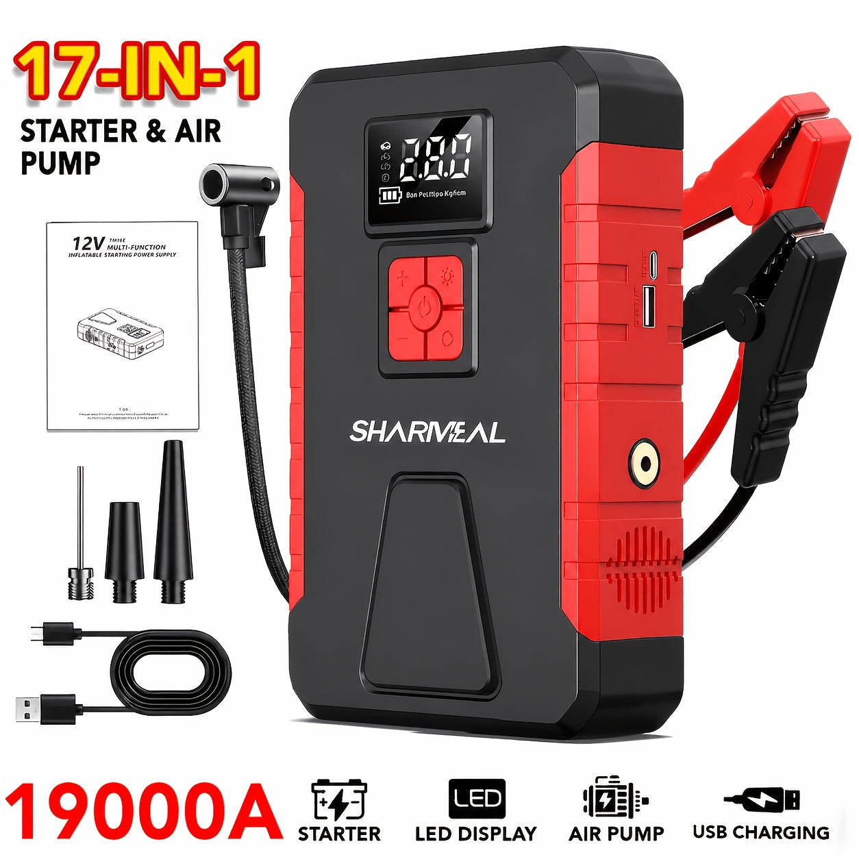 Portable Jump Starter with Air Compressor – 15000A-19000A Peak 350PSI 12V 17-in-1 Car Battery Jump Starter, Digital Display