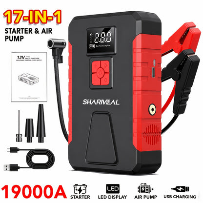 Portable Jump Starter with Air Compressor – 15000A-19000A Peak 350PSI 12V 17-in-1 Car Battery Jump Starter, Digital Display