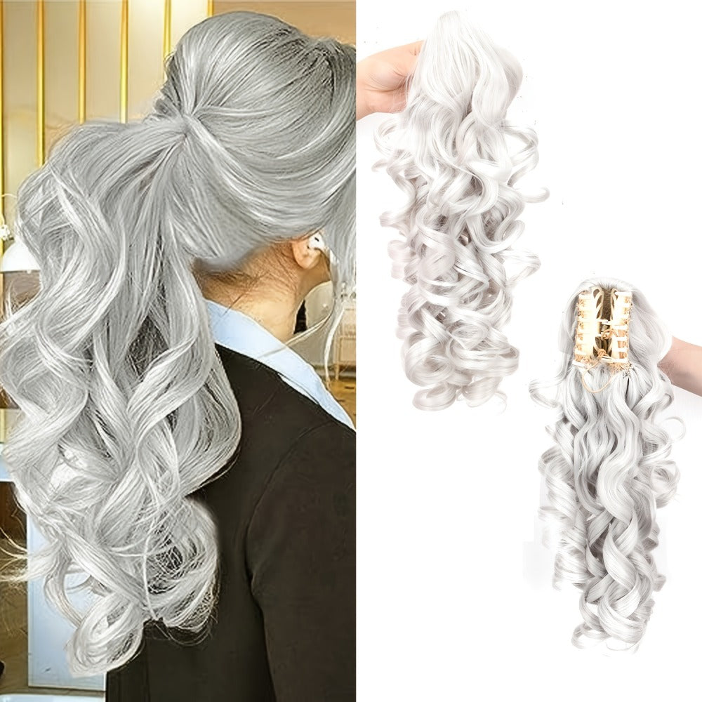 Scroll Curl Claw Clip Ponytail Extension Gradient Color 16 Inch | Synthetic Heat Resistant Hairpiece 5 Colors Linen Brown Golden Grey