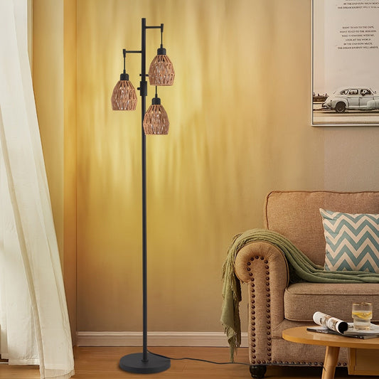 Boho Rattan Floor Lamp Dimmable, 3-Light Stepless Dimming Standing Lamp with Natural Rattan Shade & Metal Base for Living Room