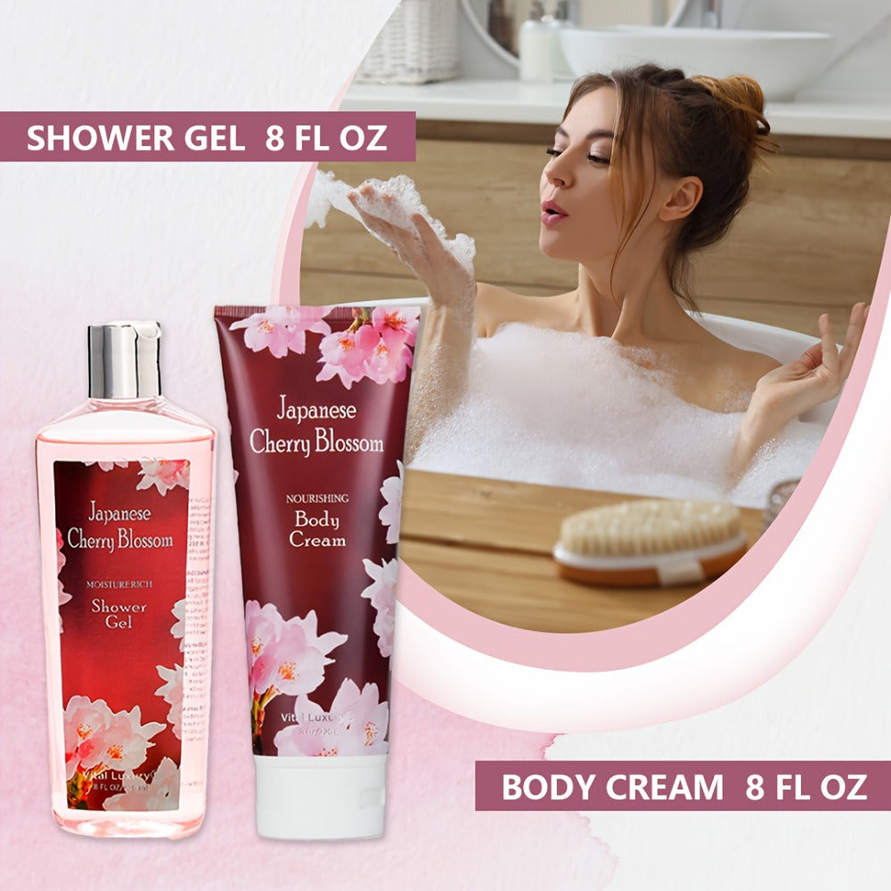 Cherry Blossom Body Wash Set for Women 8oz – Moisturizing Body Cream & Shower Gel Gift Set Light Non-Sticky Long-Lasting Floral Scent