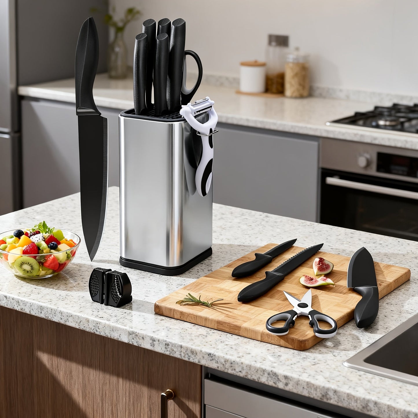 Stainless Steel Kitchen Knife Set Chef Knife Damascus Black Knife Block for Home Cooking, Dining and Outdoor Meals