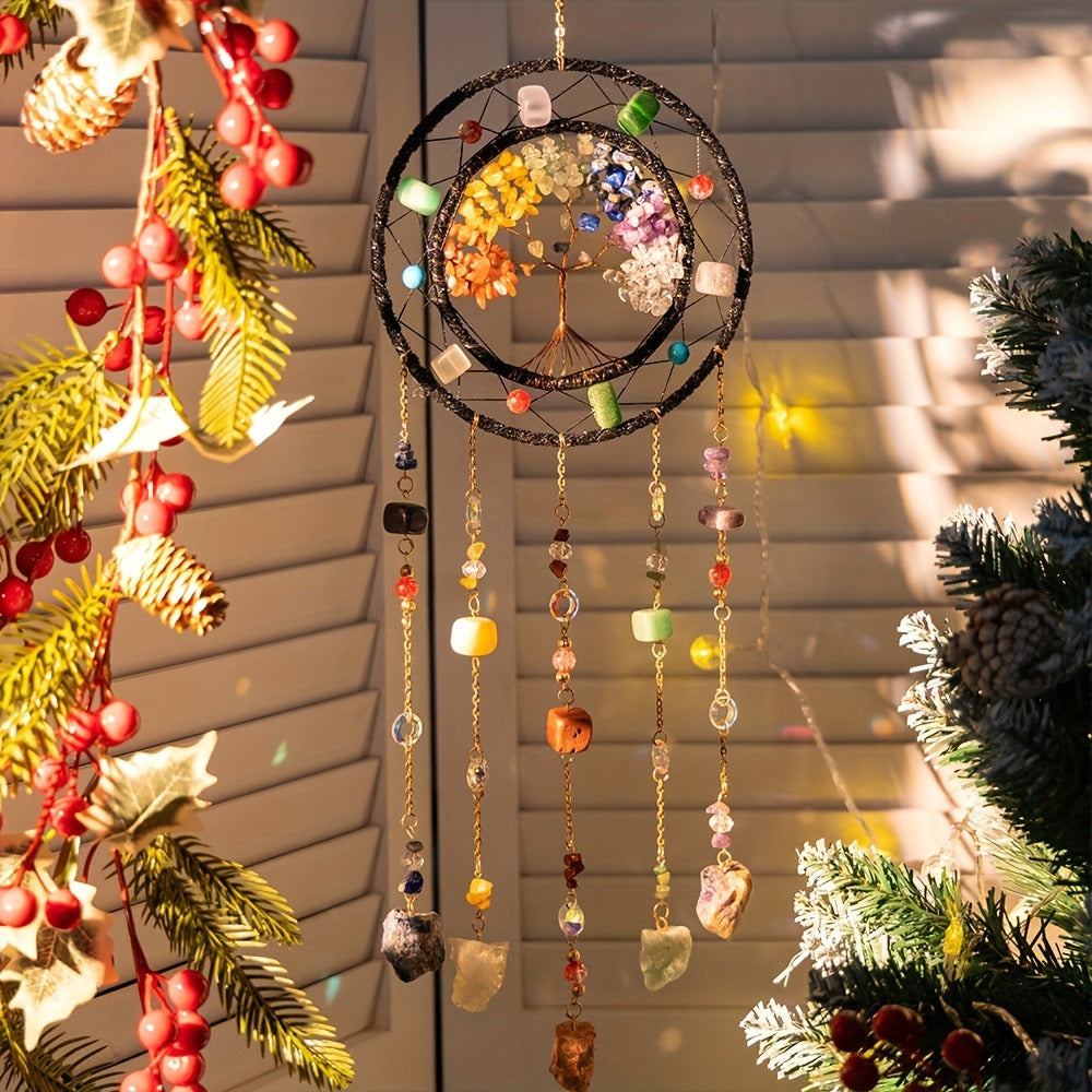 Crystal Wind Chime Suncatcher with Life Tree Pendant - Handmade Bohemian Shattered Stone for Entryways, Bedrooms and Living Spaces