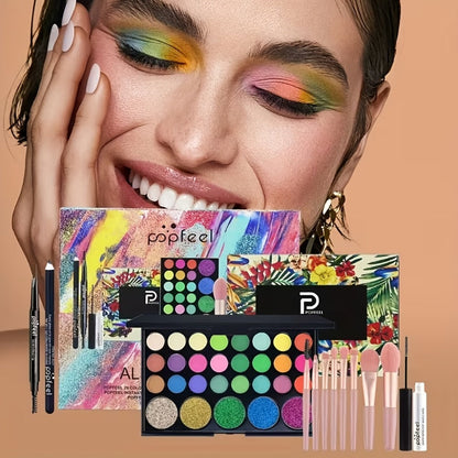 Makeup Gift Set POPFEEL 29-Color Eyeshadow Palette + Mascara + Eyeliner + Brow Pencil + Highlighter Powder + 7-Piece Brush Set | Complete