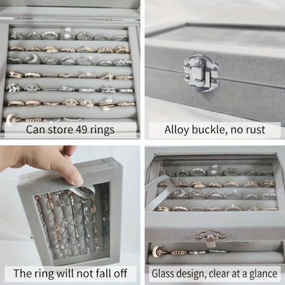 Jewelry Box with Locking Lid – 49-Ring Capacity Glass-Like Plastic Ring & Earring Organizer, Large Rectangular Storage Case