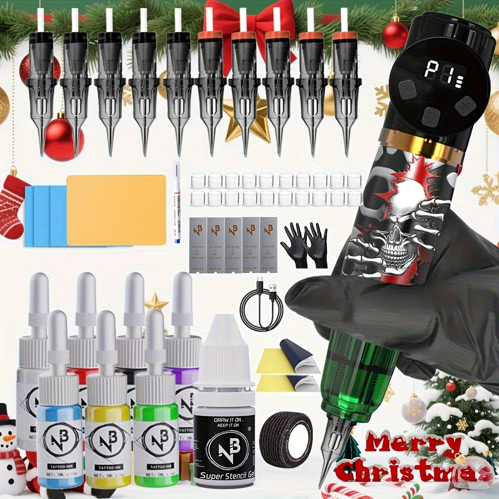 Cordless Tattoo Kit with 1100mAh Skeleton Rotary Pen, 10 Cartridge Needles, 7 Inks and Two Colors