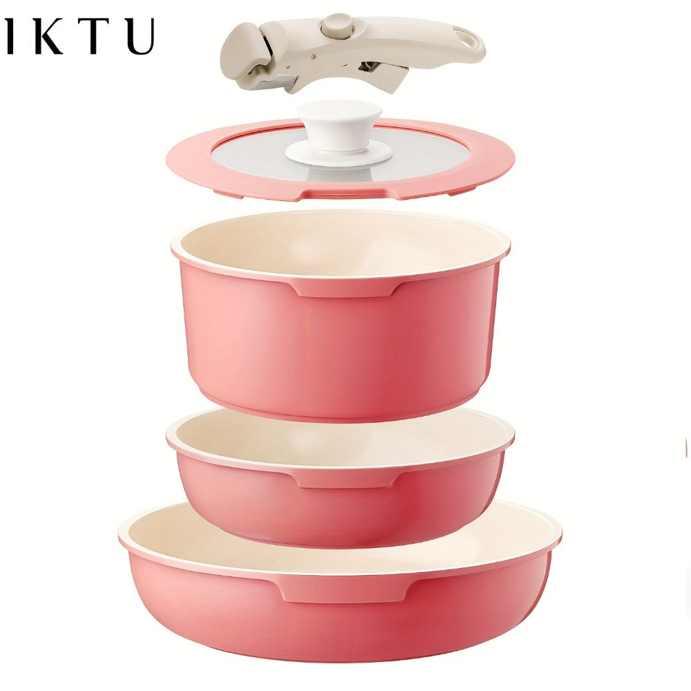 Cookware Set IKTU 5-Piece Detachable-Handle Aluminum Pots and Pans in White, Pink, Beige or Coral Pink