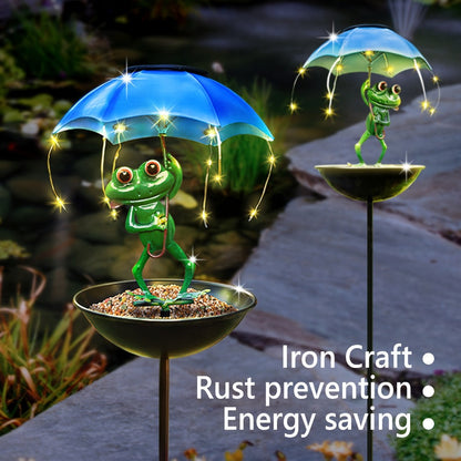 Solar Garden Decor Frog with Umbrella LED Light, Iron Frog Outdoor Statue with Solar Powered LED