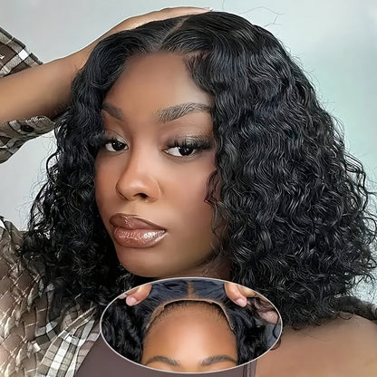 Lace Front Wig Deep-Wave Human Hair Bob, 12-Inch 1B or Natural Black with 4x4 Closure and 22.5-Inch Cap