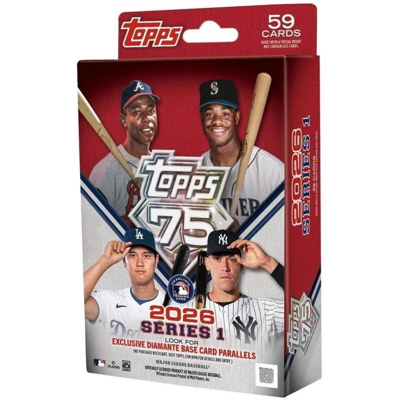 2026 Topps Series 1 Baseball MLB Hanger Box, 59 Cards with Diamante Foil Parallels, Autograph Relics & 6 Toploaders