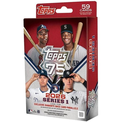 2026 Topps Series 1 Baseball MLB Hanger Box, 59 Cards with Diamante Foil Parallels, Autograph Relics & 6 Toploaders