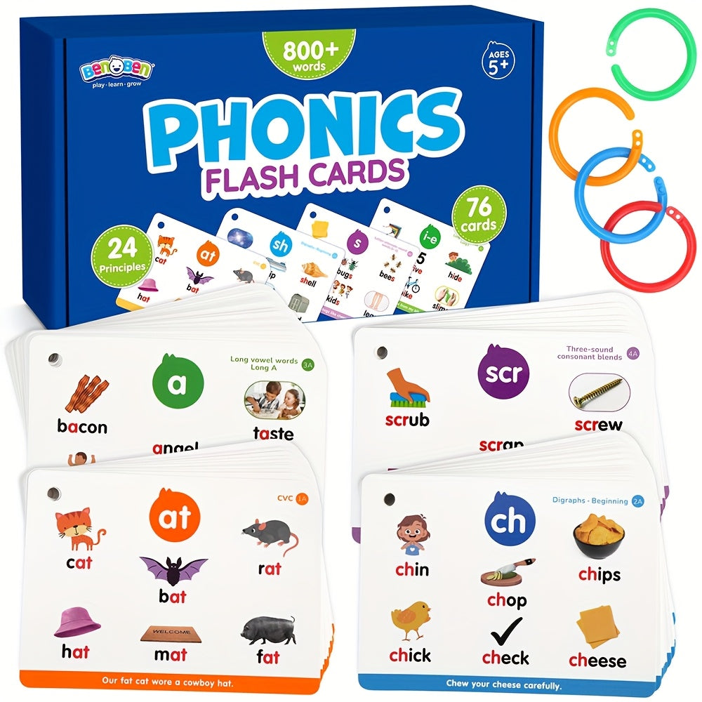 Phonics Flash Cards for Kids 76 Cards 24 Principles, CVC Digraphs Consonant Blends Long Vowels