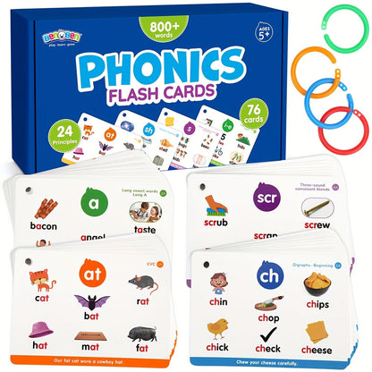 Phonics Flash Cards for Kids 76 Cards 24 Principles, CVC Digraphs Consonant Blends Long Vowels