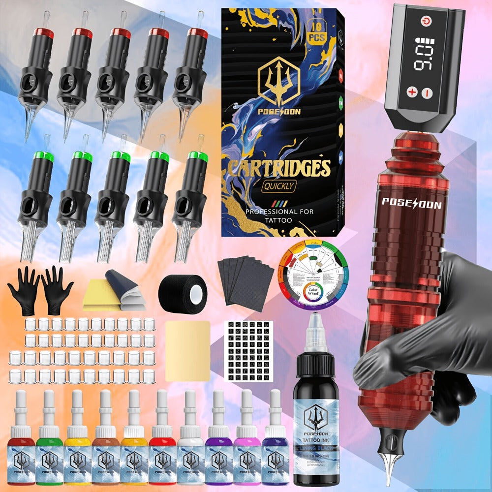 Wireless Tattoo Pen Kit Cordless Tattoo Gun with Power Supply 10 Cartridge Needles 6 Color Inks LCD Screen