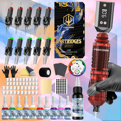 Wireless Tattoo Pen Kit Cordless Tattoo Gun with Power Supply 10 Cartridge Needles 6 Color Inks LCD Screen