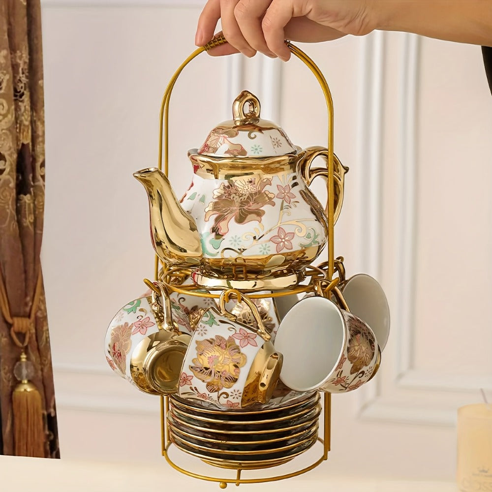 Floral Ceramic Tea Set 20 Pcs – European Porcelain Tea Cups & Saucers with Metal Holder & 15 Oz Teapot – Luxury Arabic Coffee Cup Set
