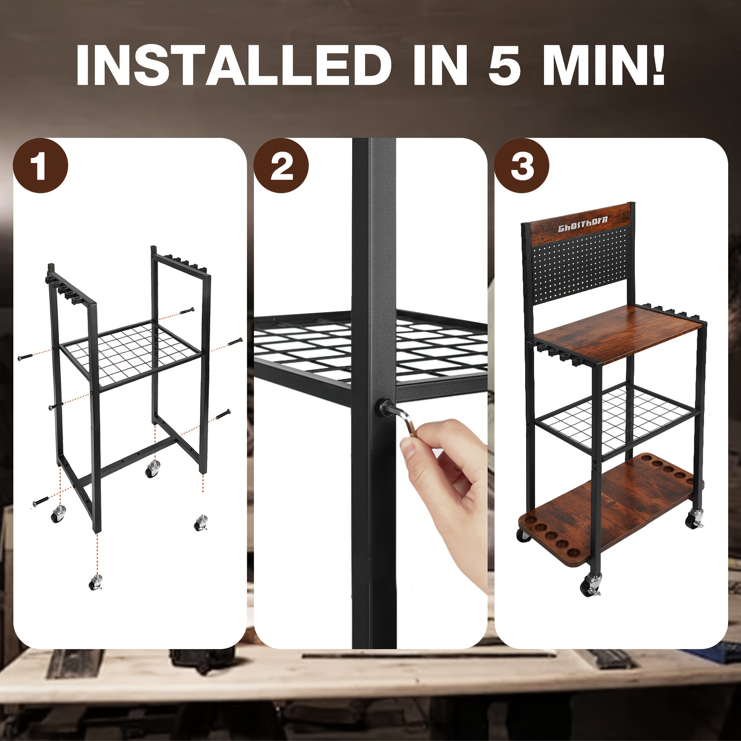 Fishing Rod Holder Rack for Garage Holds Up to 10 Rods Iron Construction with Pegboard Hooks Rolling Wheels Fishing Pole Storage Organizer