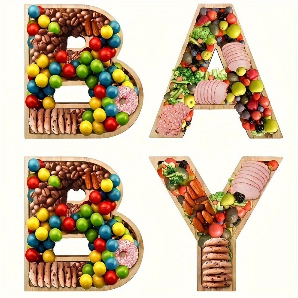 Baby Shower Charcuterie Board Set – 4-Piece BABY Letter Shaped Wooden Serving Tray, Bamboo Snack Platter for Gender Reveal, Birthday Party