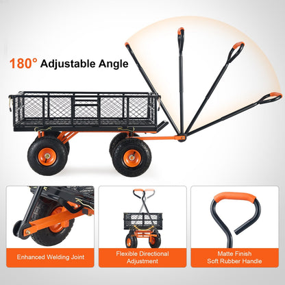 Garden Dump Cart Convertible Flatbed Utility Wheelbarrow with 2-in-1 Handle, Removable Side Panels