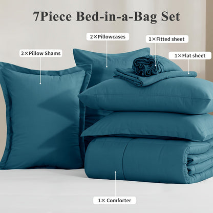7 Piece Comforter Set Luxury Soft Fluffy Bedding All Season Bed in a Bag with Comforter Fitted Sheet Flat Sheet Pillowcases Hypoallergenic