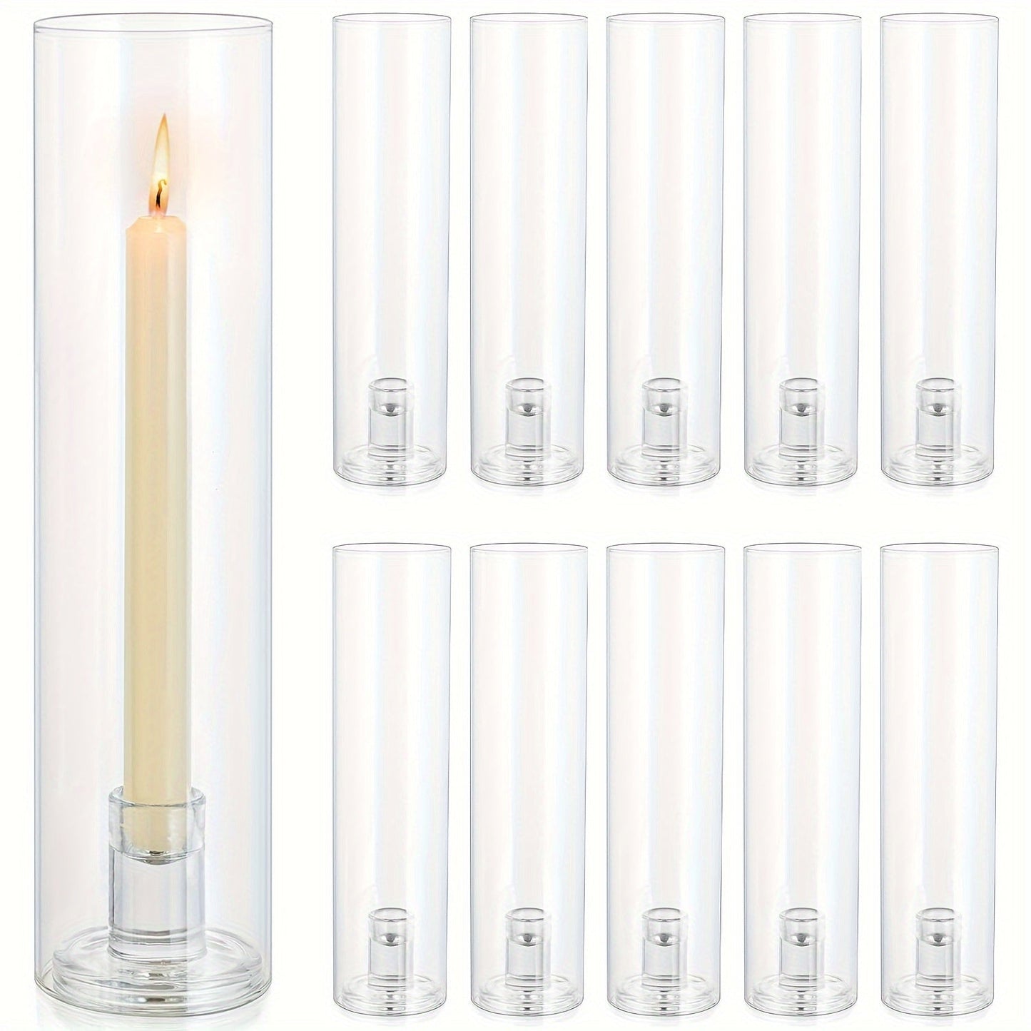 Hurricane Glass Candle Holders for Taper Candles, 11.8 Inch Tall Clear Cylinder Windproof Candlestick Stand for Wedding