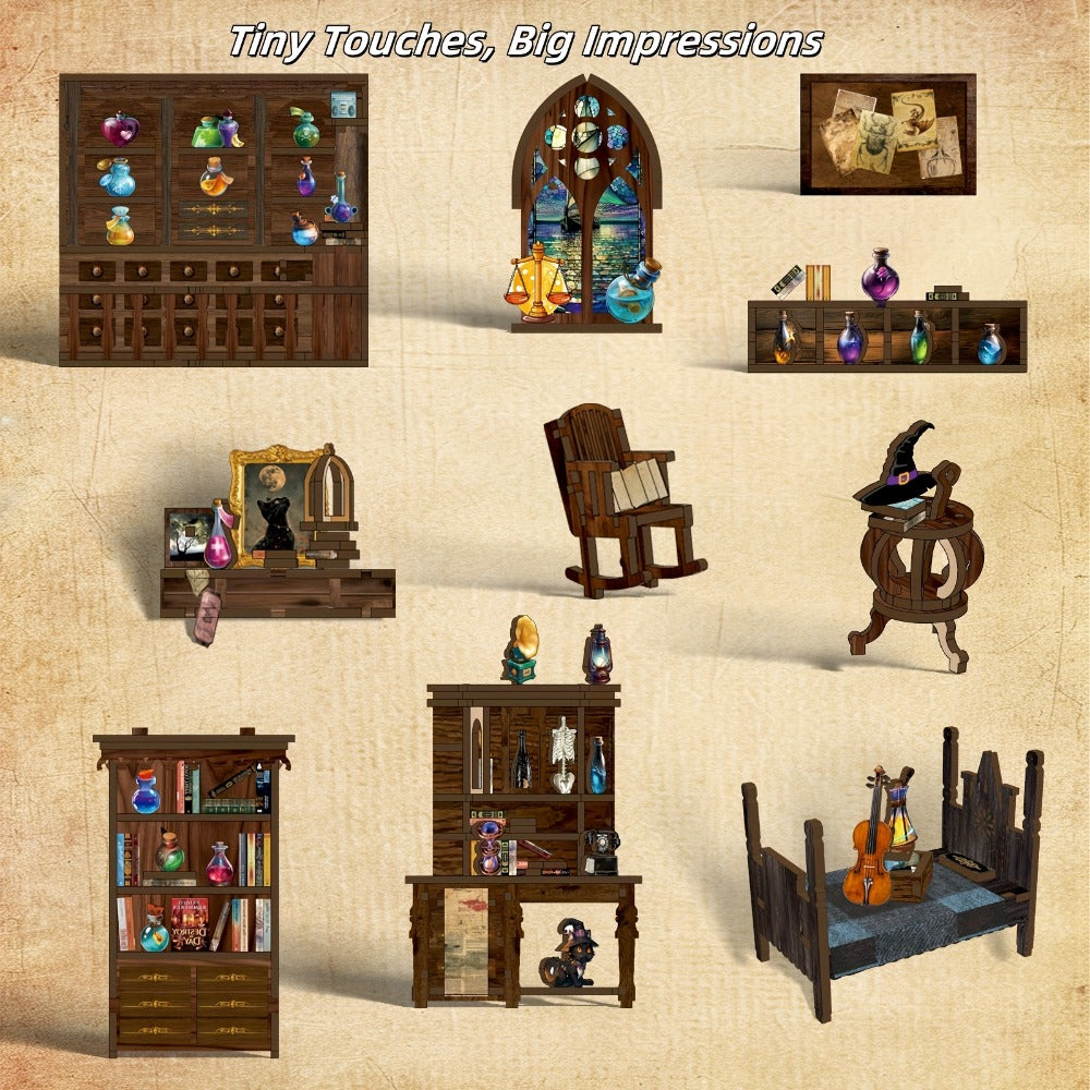 Magic House Book Nook Kit with 388-Piece Library and Potion-Room Scene, Touch Light and Clear Front Panel