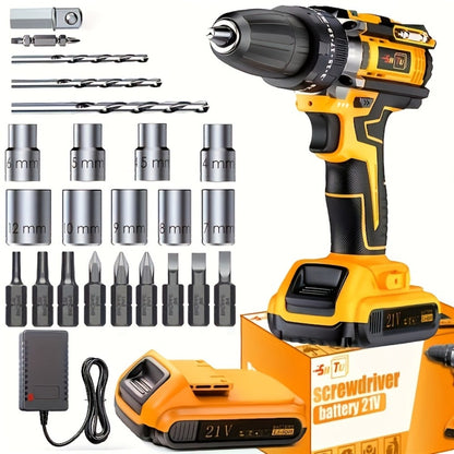 21V Cordless Drill Brushless Impact Wrench Multifunctional, Lithium Battery, Quick Charger, Variable Speed