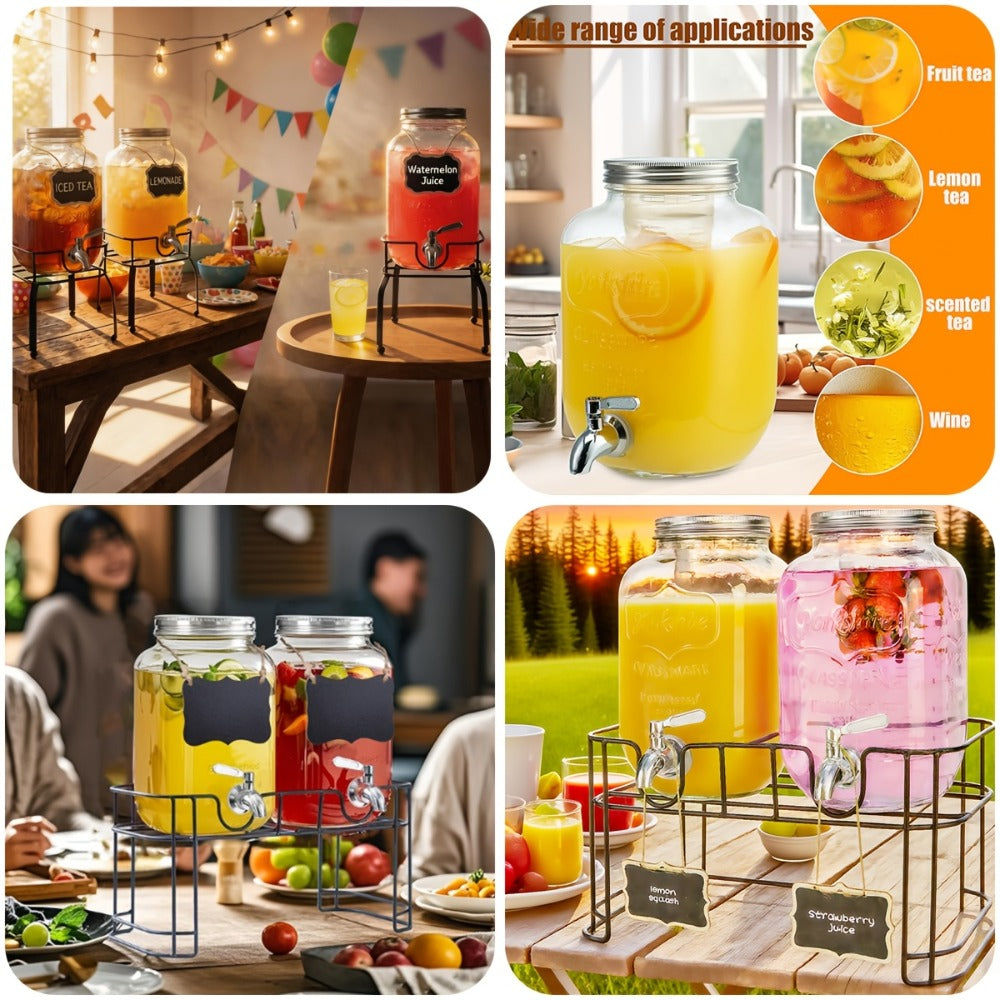 Glass Beverage Dispenser Set with Stand, 1-Gallon Square Glass Drink Dispenser with Stainless Steel Spigot & Ice Tube