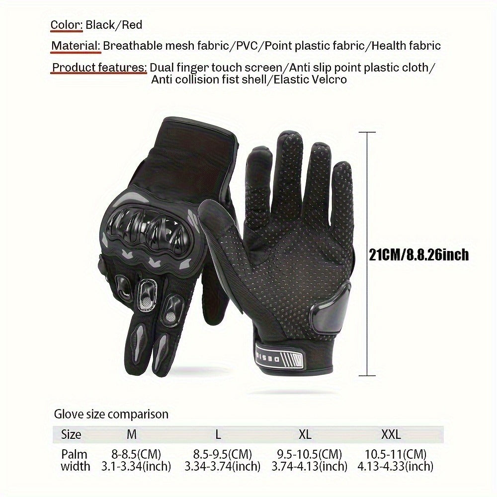 Full-Finger Motorcycle Gloves with Dome Knuckle Shell, Dotted Palms, Black or Red in M to XXL