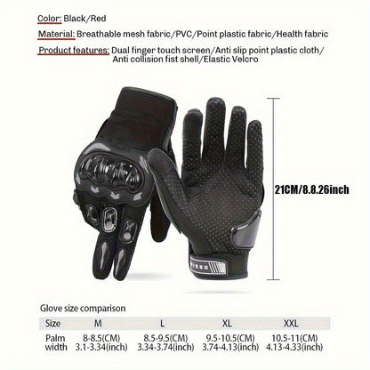 Full-Finger Motorcycle Gloves with Dome Knuckle Shell, Dotted Palms, Black or Red in M to XXL