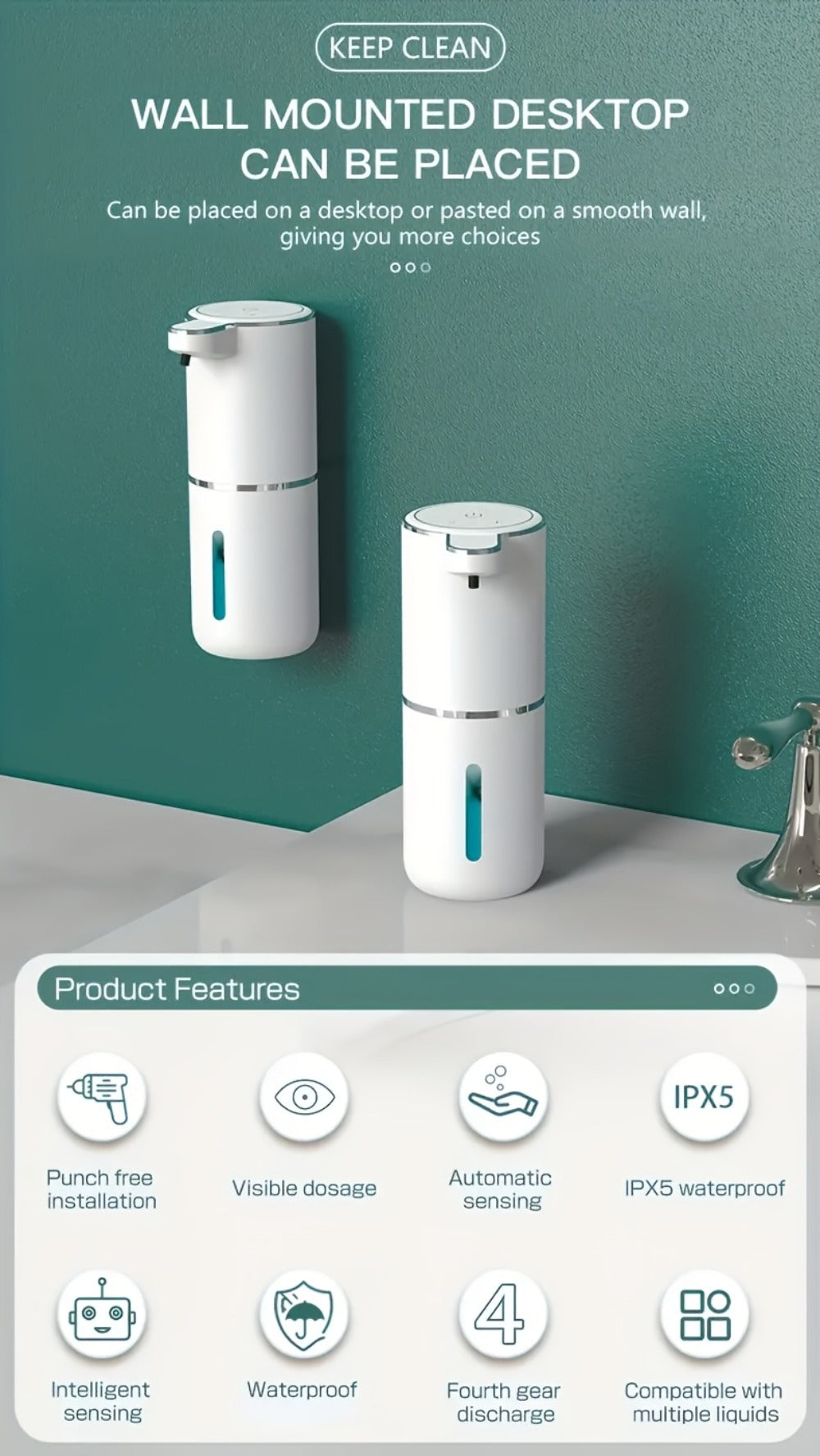 Foam Soap Dispenser Wall Mount Touchless 400ml USB Rechargeable IPX5 4 Adjustable Levels for Home Cooking, Dining and Outdoor Meals