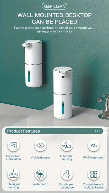 Foam Soap Dispenser Wall Mount Touchless 400ml USB Rechargeable IPX5 4 Adjustable Levels for Home Cooking, Dining and Outdoor Meals