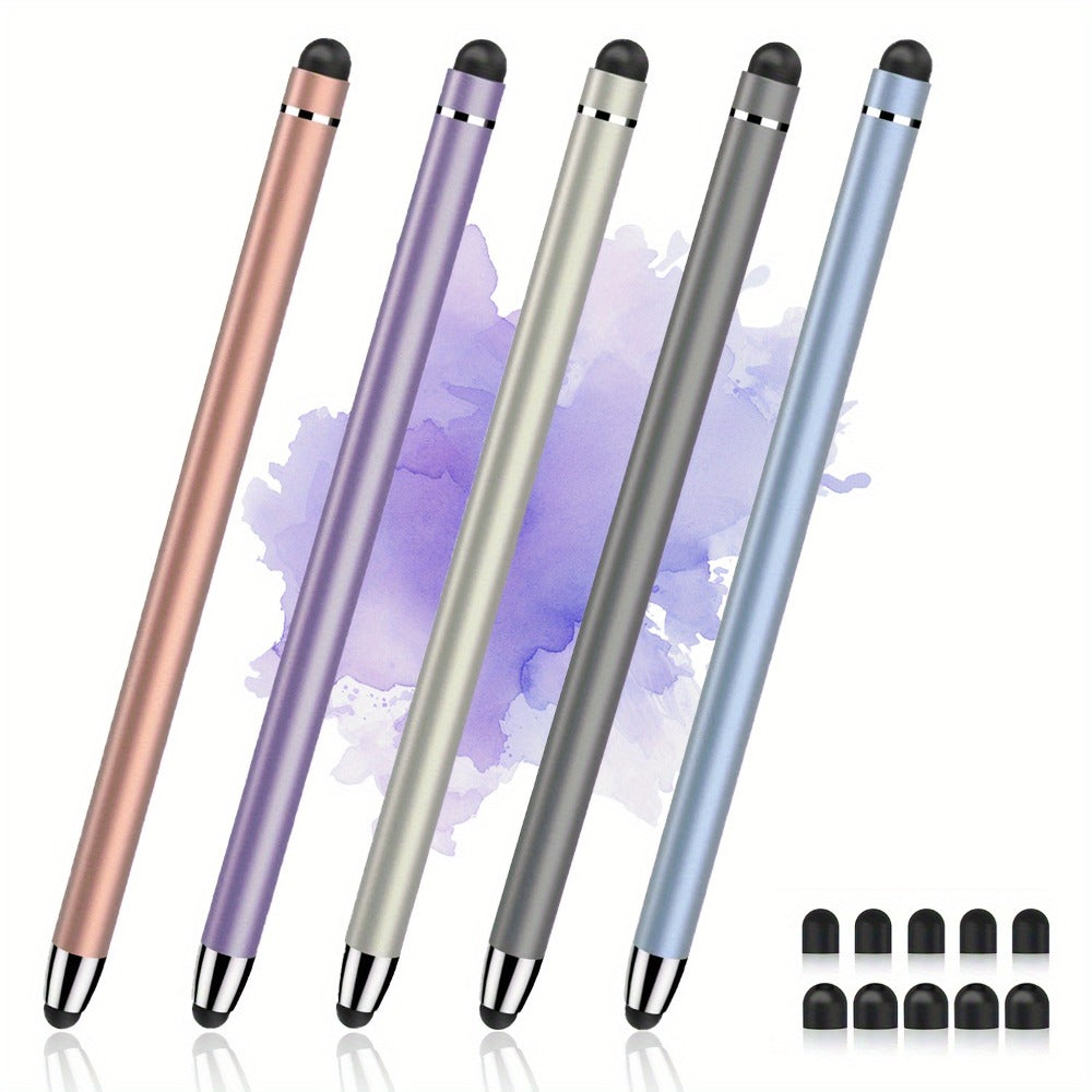 5-Piece Dual-Tip Stylus Pen Set with Metal Bodies, Two Rubber Tip Sizes and 10 Replacement Tips