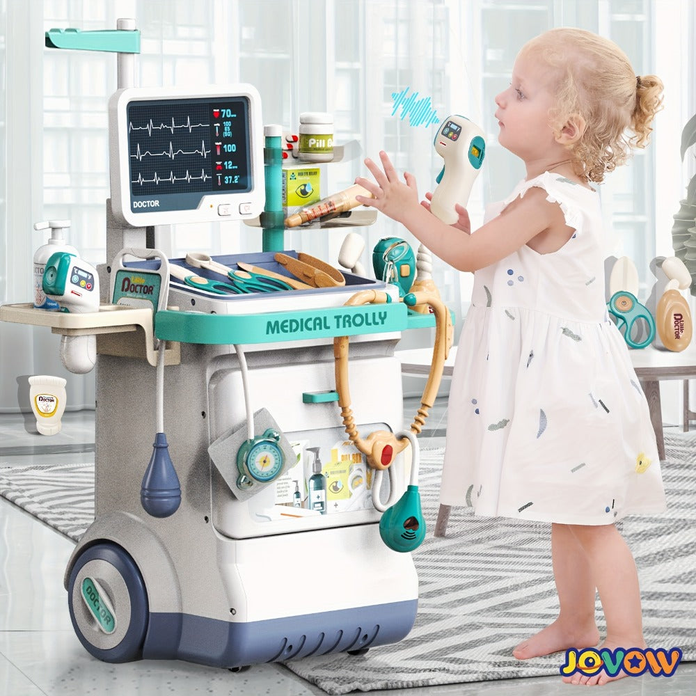 Kids Doctor Kit with Medical Cart Set, Movable Toy Trolley, Stethoscope, Thermometer & Accessories