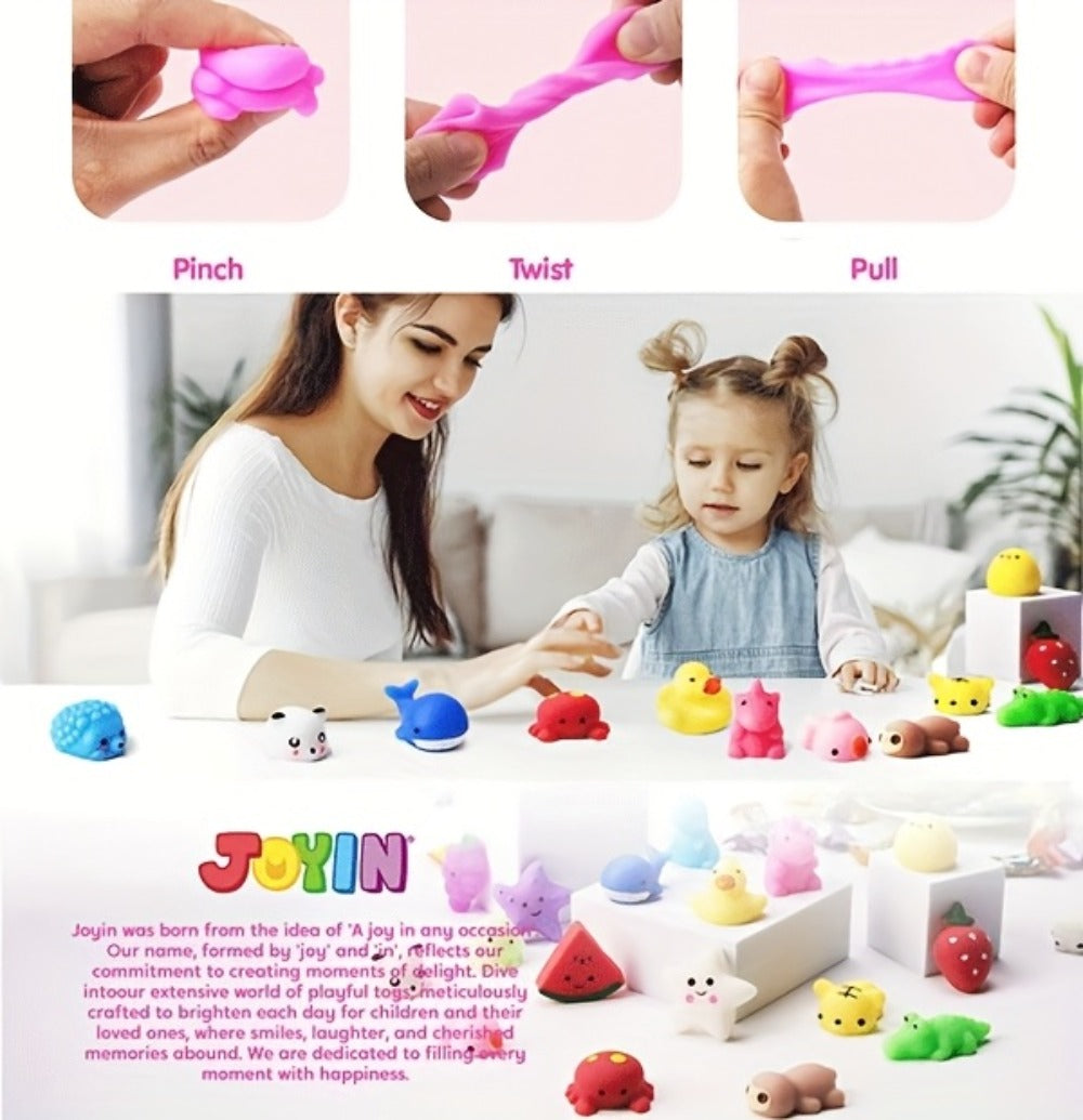 25-Piece Mini Mochi-Style Squishy Toy Set with Assorted Animal and Fruit Shapes from 1 to 1.38 Inches