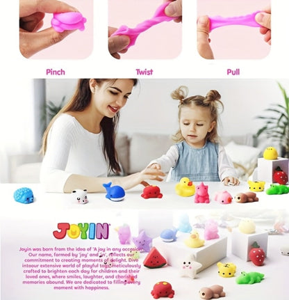 25-Piece Mini Mochi-Style Squishy Toy Set with Assorted Animal and Fruit Shapes from 1 to 1.38 Inches