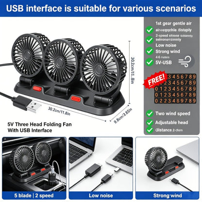 USB 3-Head Desk Fan Quiet Operation Adjustable Speed Powerful Efficient Cooling for Home for Home, Office and Desktop Air Circulation